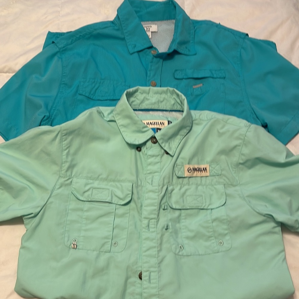 Lot of 2 fishing button down shirts both fit boy 10/12